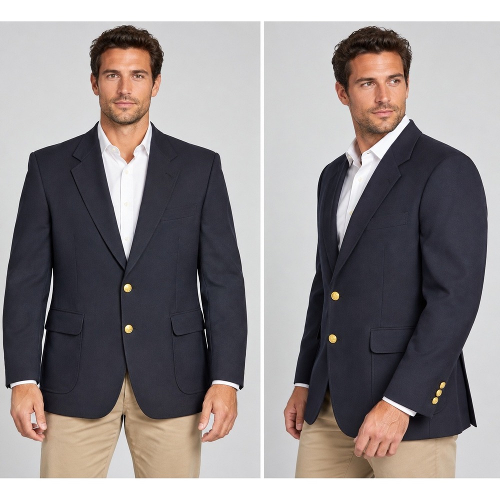 Stafford Mens Navy Blue Hopsack Blazer Gold Buttons Tailored USA 48R 48 Regular